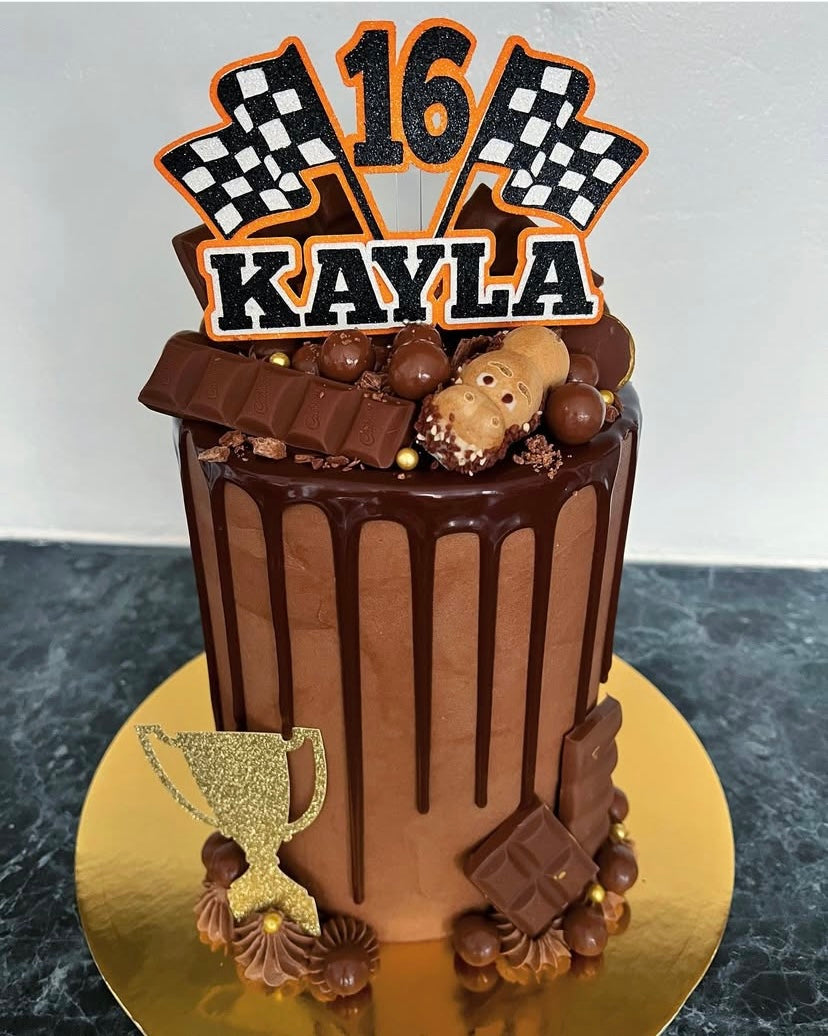 Racing flag personalised cake topper & trophy charm