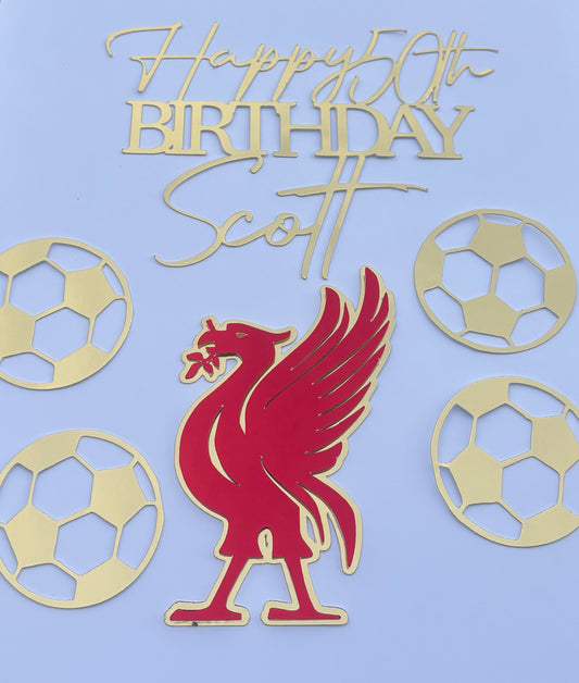Liverbird with personalised cake topper & footballs