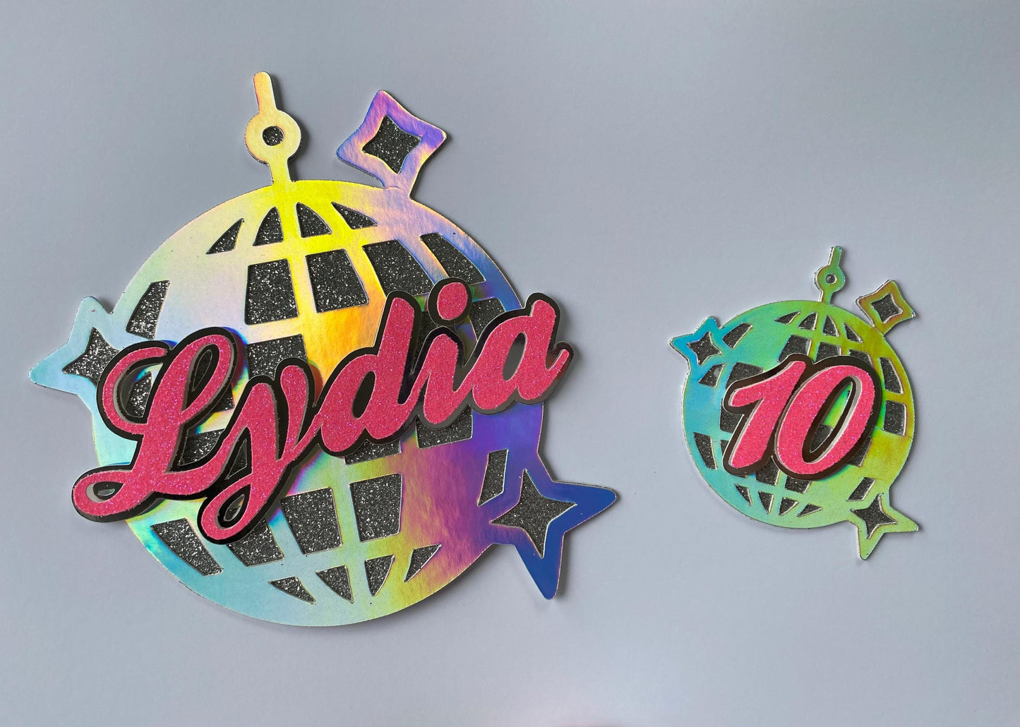 Disco ball cake topper set, personalised name and age cake topper set