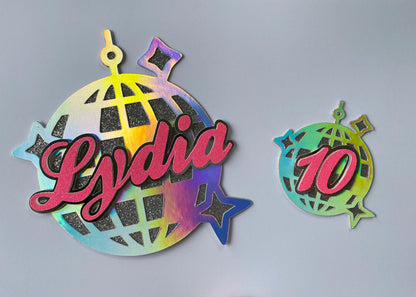 Disco ball cake topper set, personalised name and age cake topper set