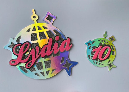 Disco ball cake topper set, personalised name and age cake topper set