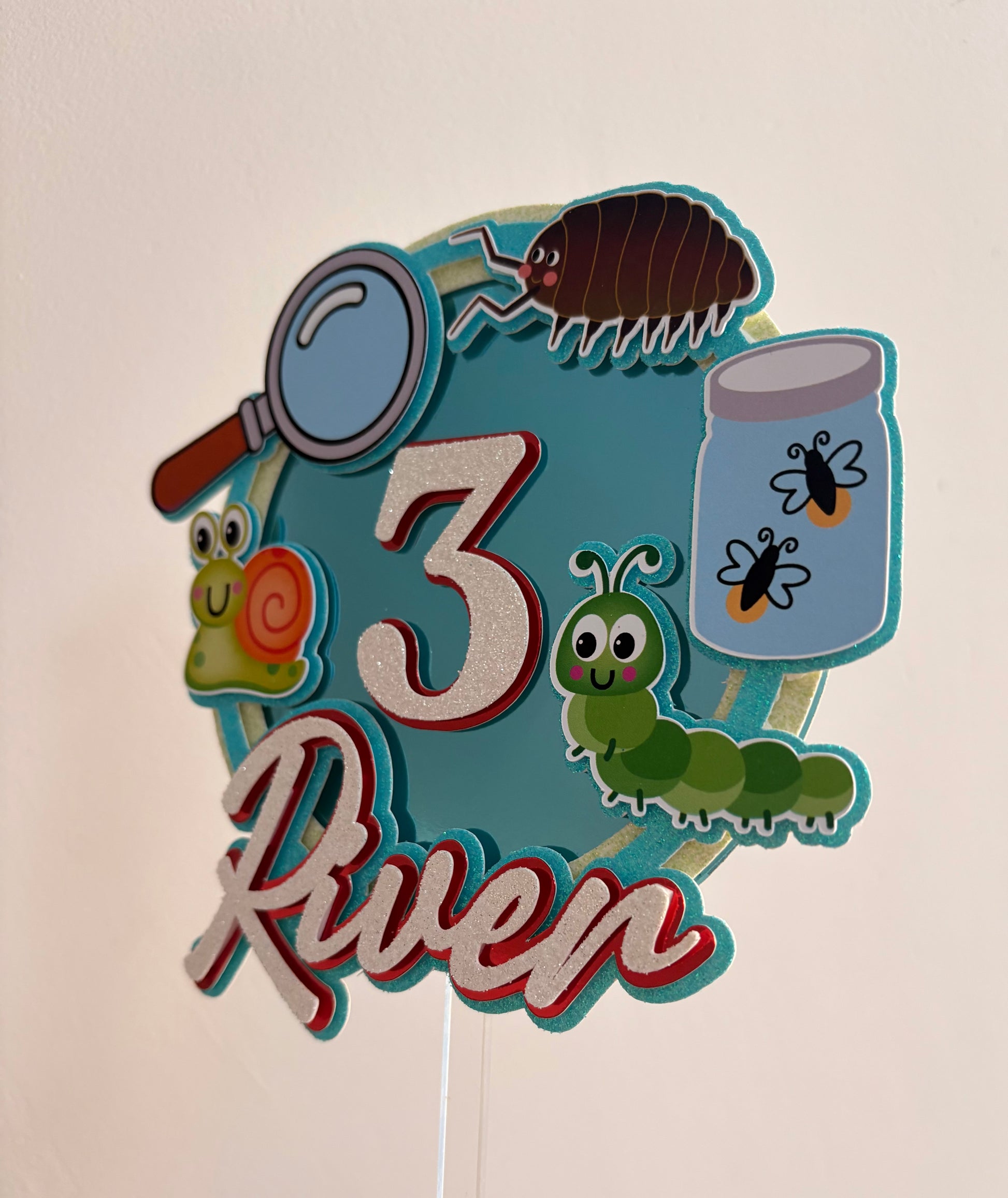 A decorative personalized birthday sign featuring the name '3 River' with insect illustrations including a magnifying glass, beetle, snail, caterpillar, and jar of flies, mounted on a stick against a plain wall.