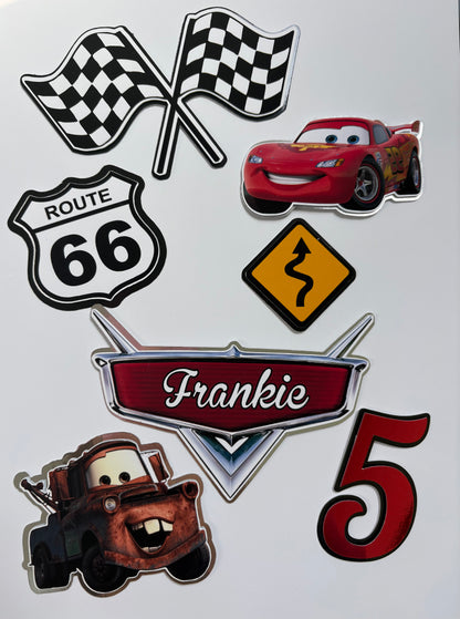 Cars cake topper set with personalised name & age