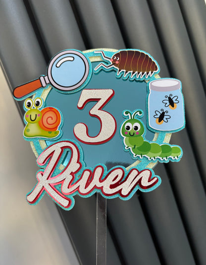 A colorful insect-themed birthday decoration or sign reading '3 River' with cartoon bugs including a snail, magnifying glass, beetle, caterpillar, and fly jar, shown hanging against a dark gray slatted background.