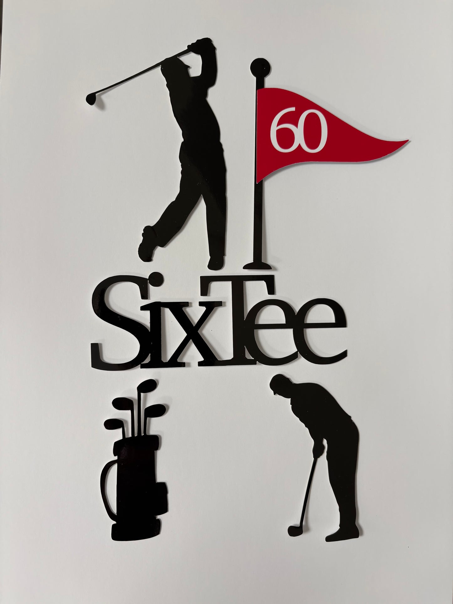 Decorative wall art with golf-themed elements and 'SixTee' cake topper