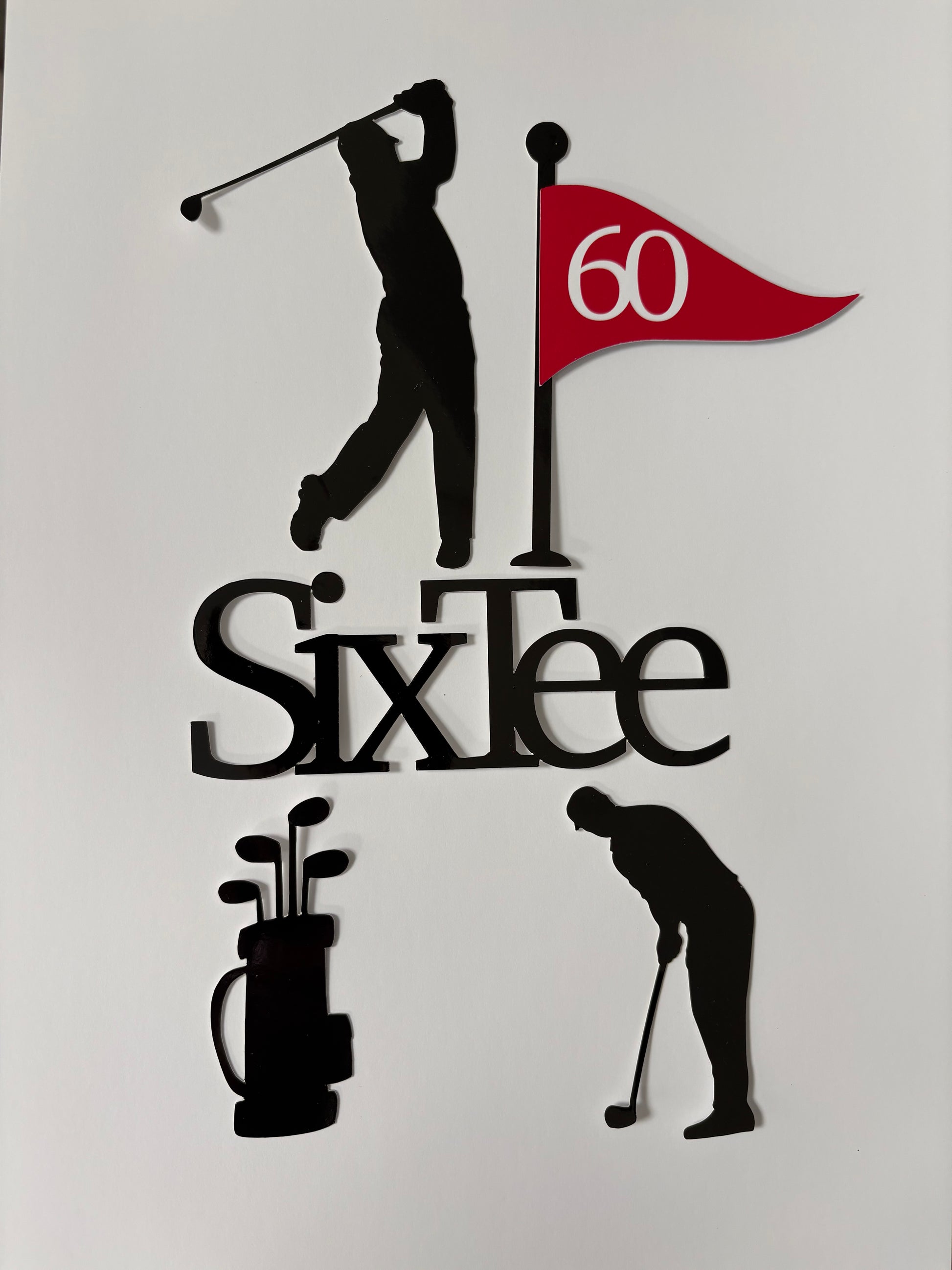 Decorative wall art with golf-themed elements and 'SixTee' cake topper