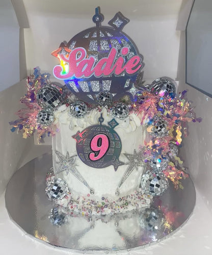 Disco ball cake topper set, personalised name and age cake topper set